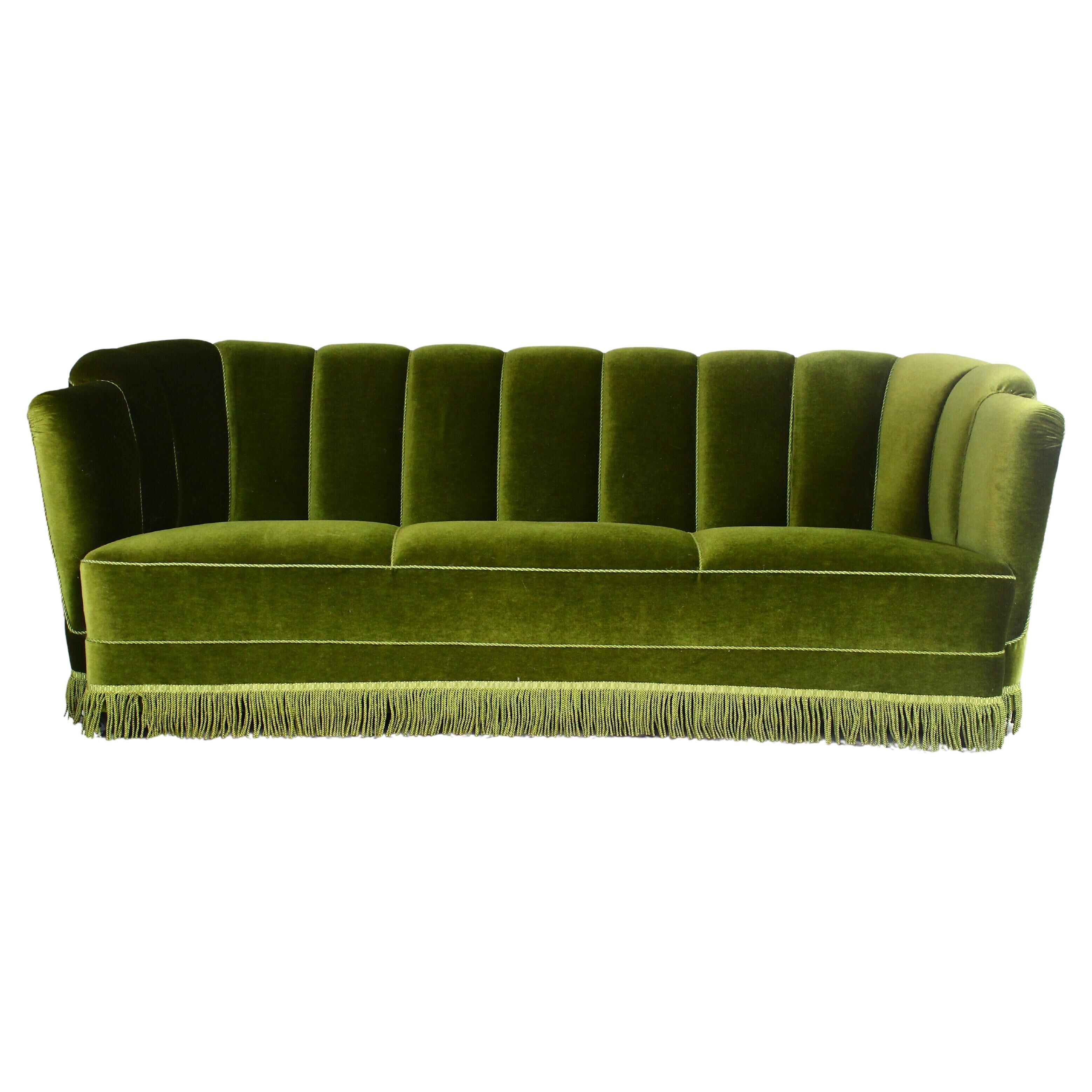1940s art deco green velvet banana sofa, Denmark