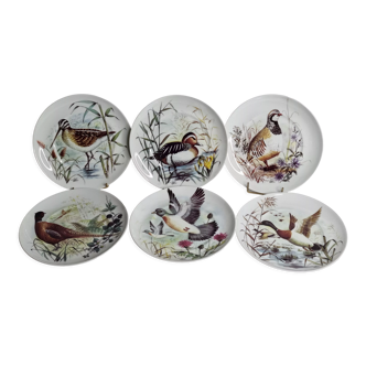 Set of six porcelain plates decorated with birds from Sologne, Limoges, signed, 25 cm