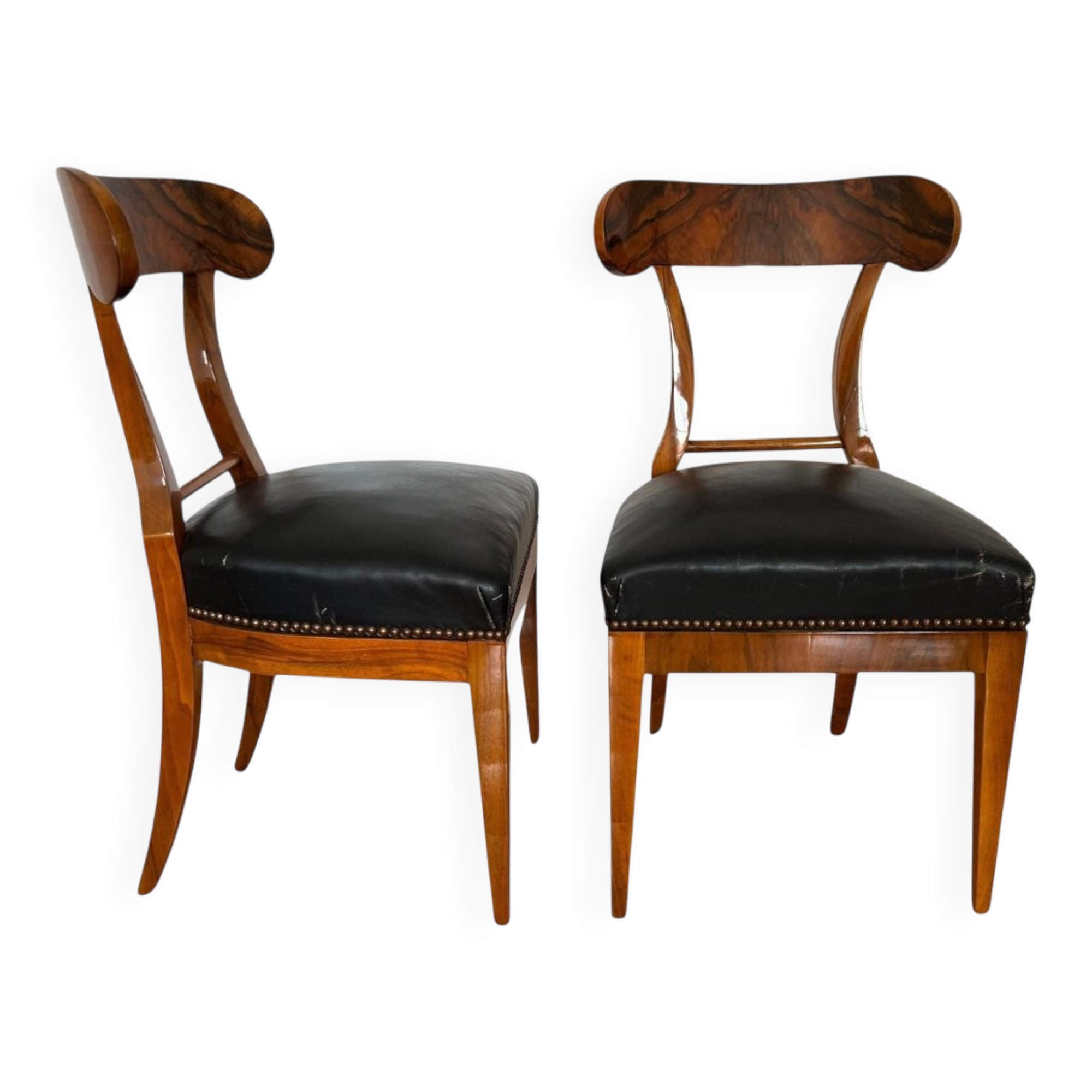 Set of Biedermeier Shovel Chairs in Walnut & Black Leather, Austria, 1820s