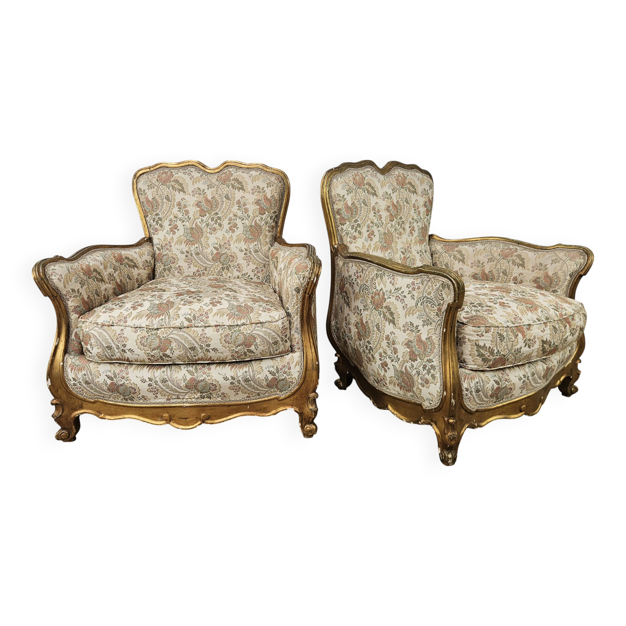 20th Century Italian Baroque Style Bergère Armchairs in Carved and Gilded W