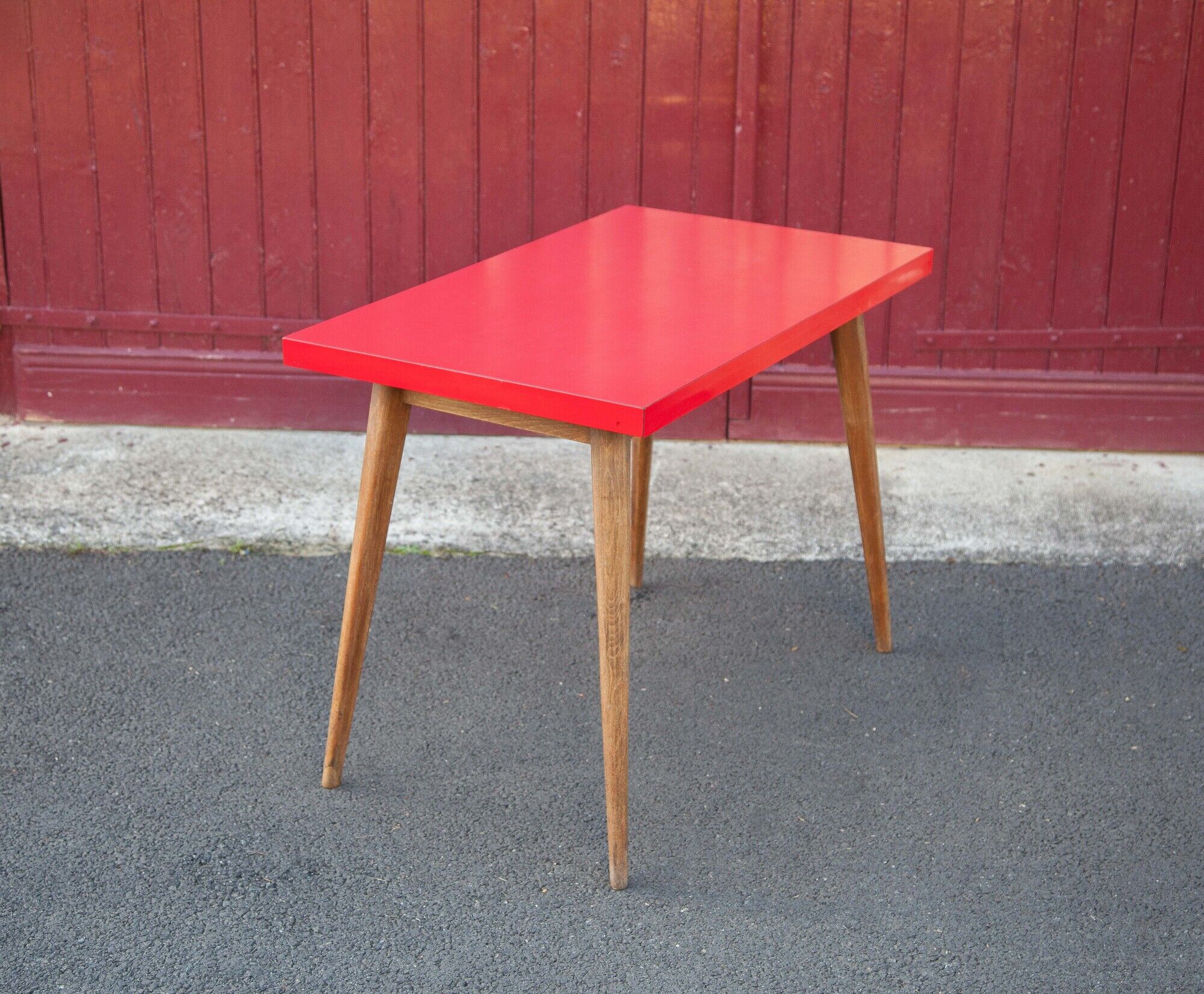 Vintage bistro table wooden table and red formica feet compass, kitchen, countryside