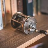 Old little fishing rod reel presto with bone handle fisherman collection