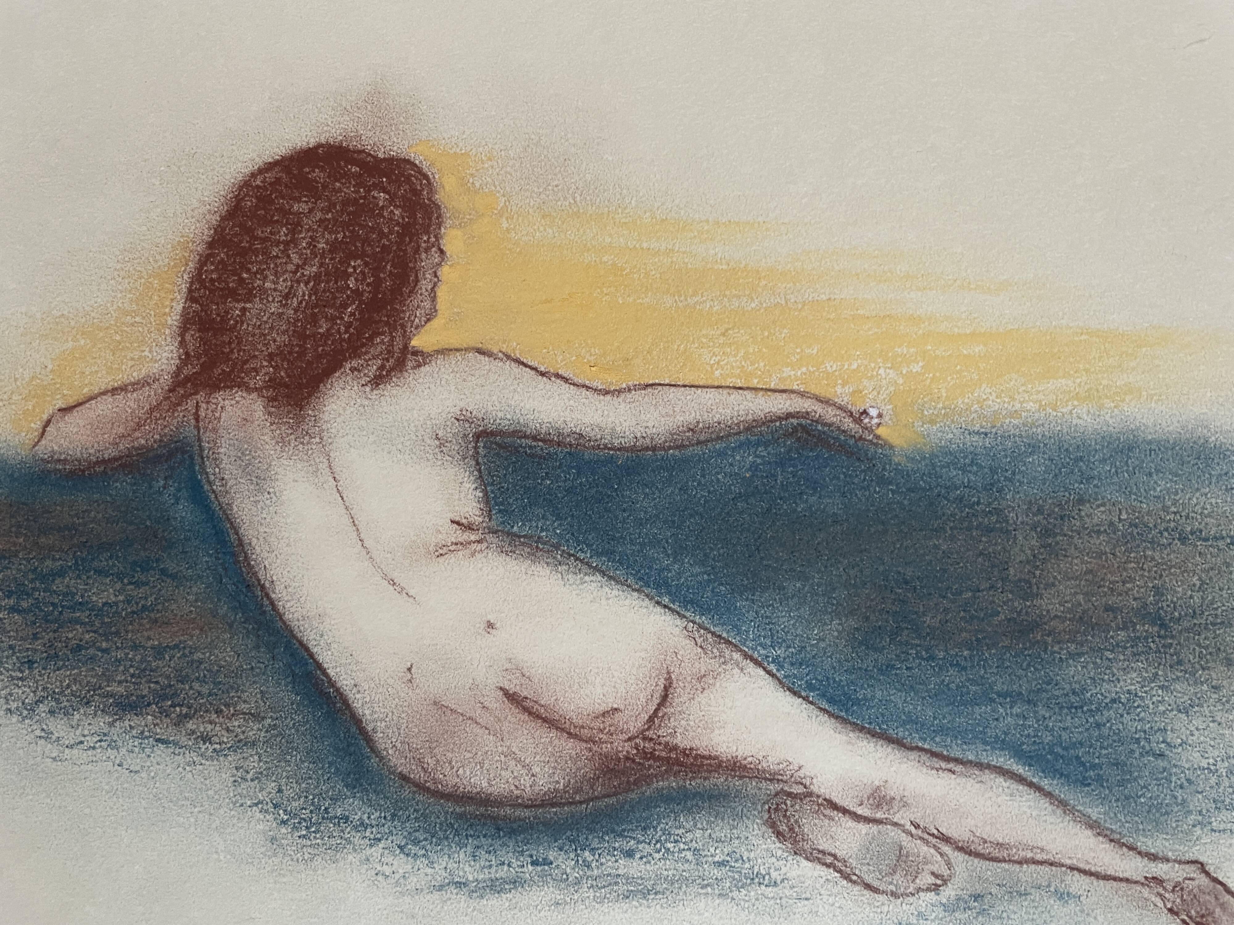 Signed sanguine pastel portrait "the blue sofa"