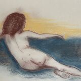 Tableau signé sanguine pastel portait féminin « le divan bleu »