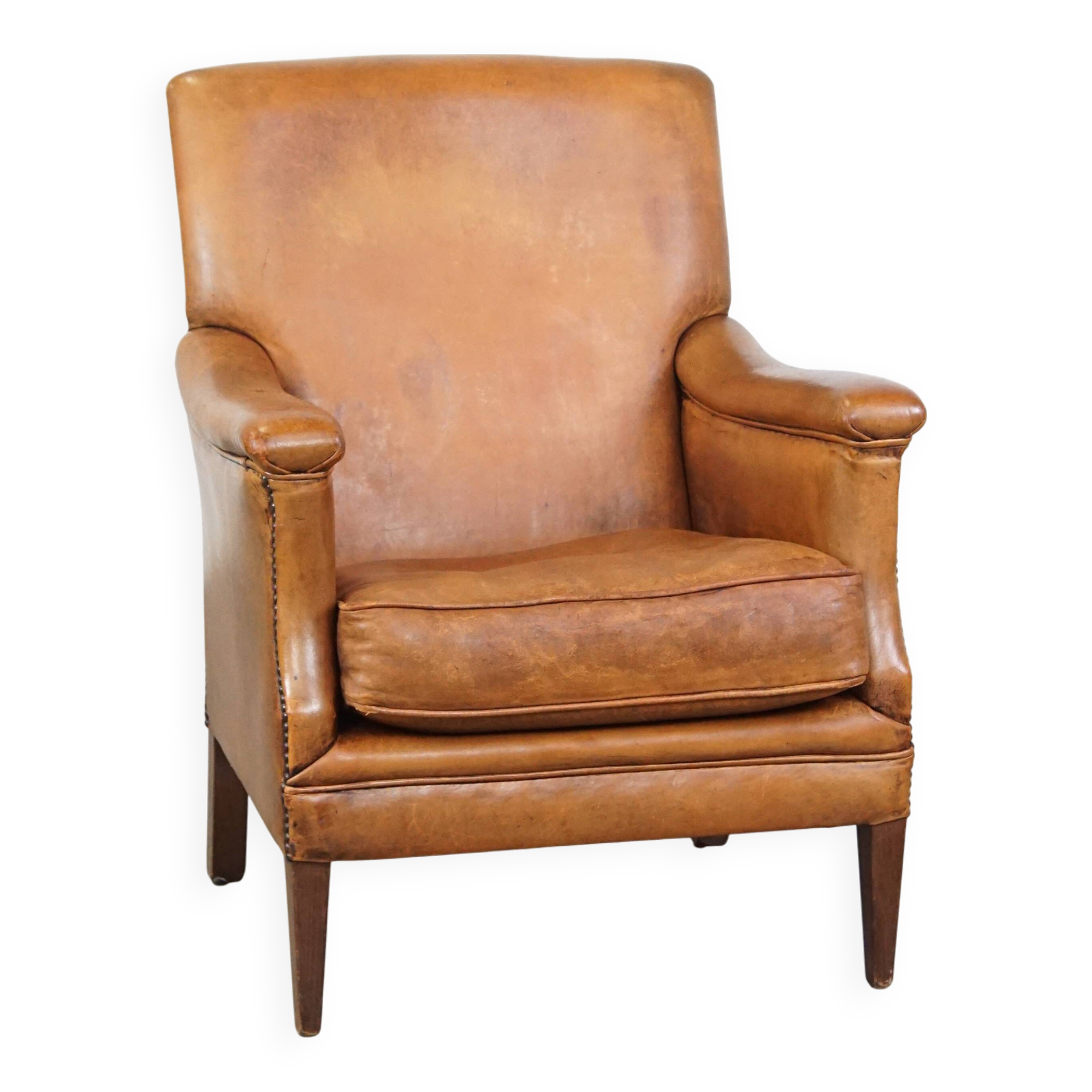 Cognac-Colored Sheepskin Leather Armchair with Straight Lines