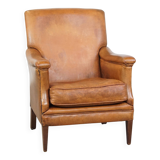 Cognac-Colored Sheepskin Leather Armchair with Straight Lines