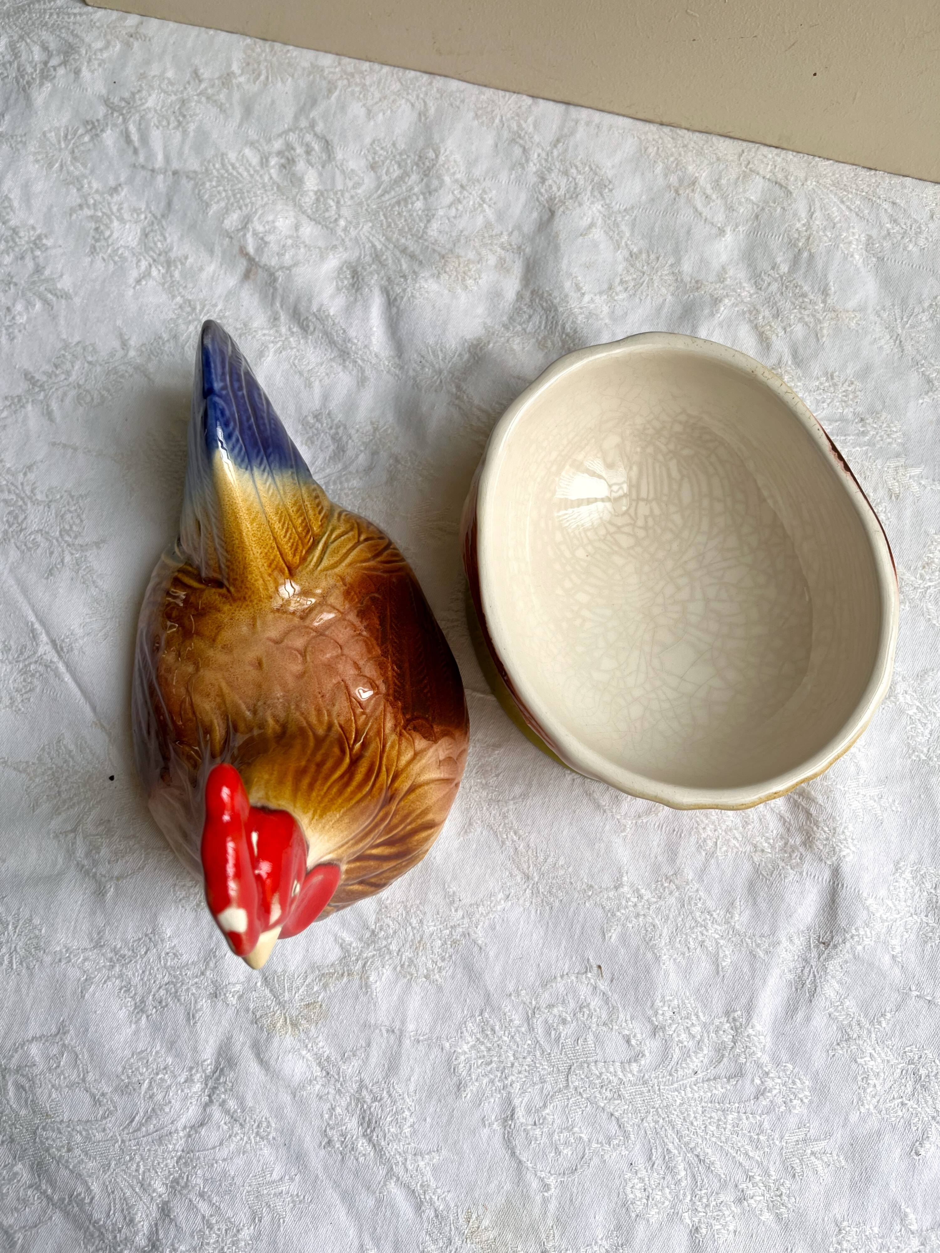 Terrine Michel Caugant rooster or hen in polychrome earthenware