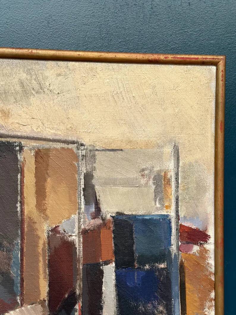Large original Swedish oil on canvas - 'Blue Bottle and Books' by Gustav Adolf Johansson - 1962 - vintage and framed