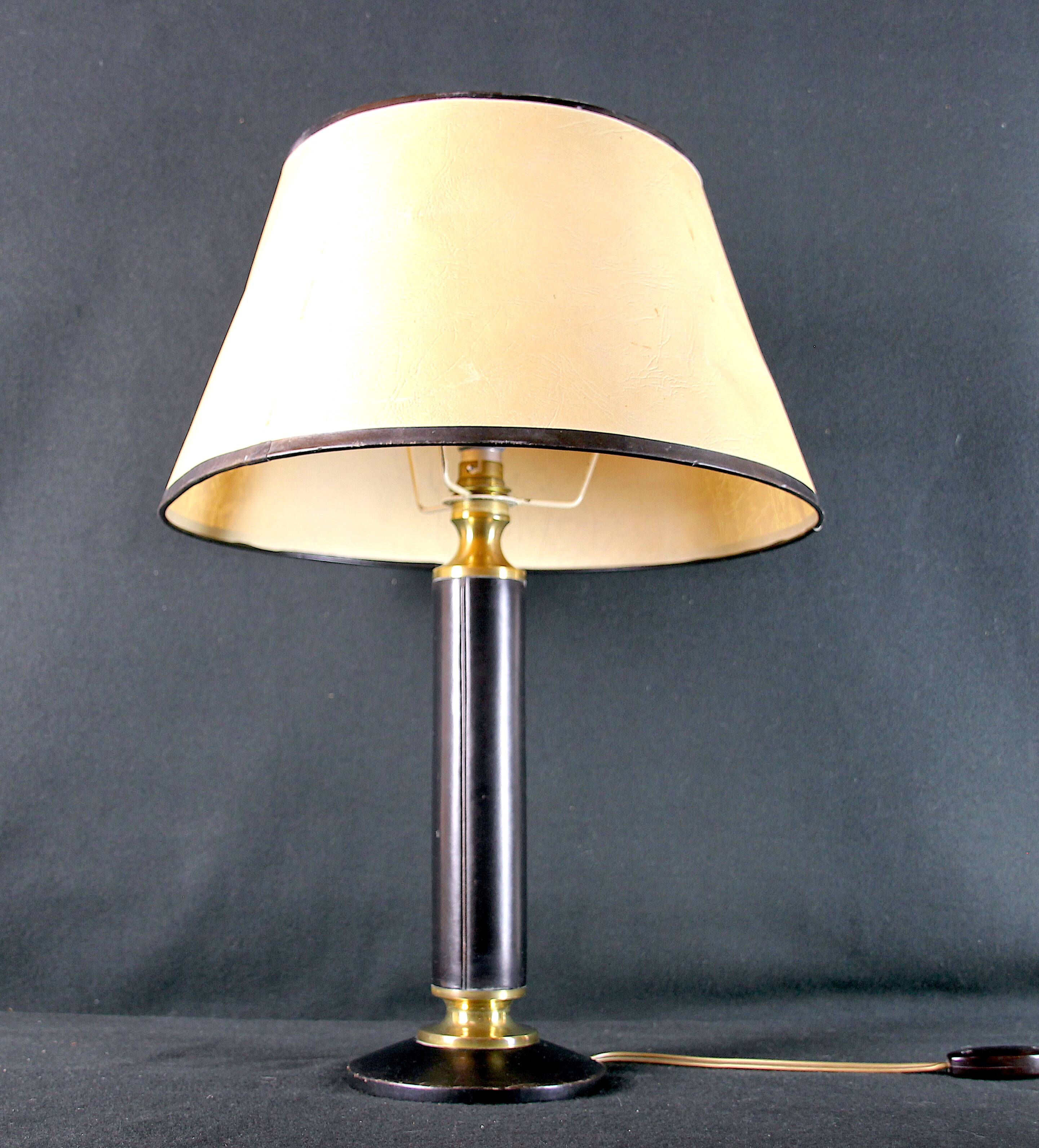 Mid-Century France Leather and Brass Table Lamp