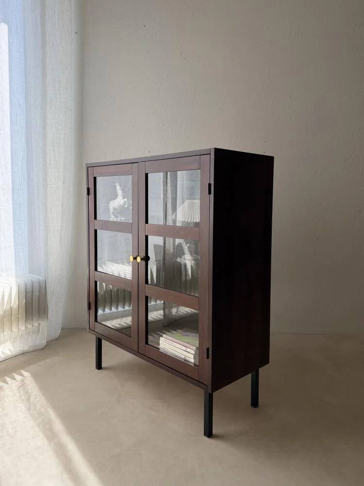 Mid-century display cabinet dark wood glass