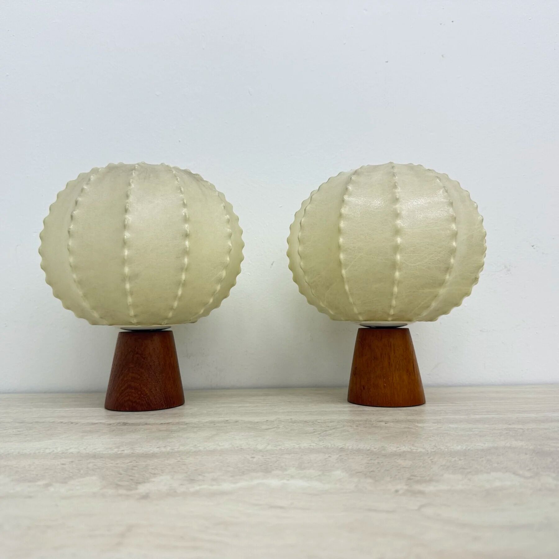 Pair of Goldkant Leuchten cocoon with teak base table lamps, 1970s