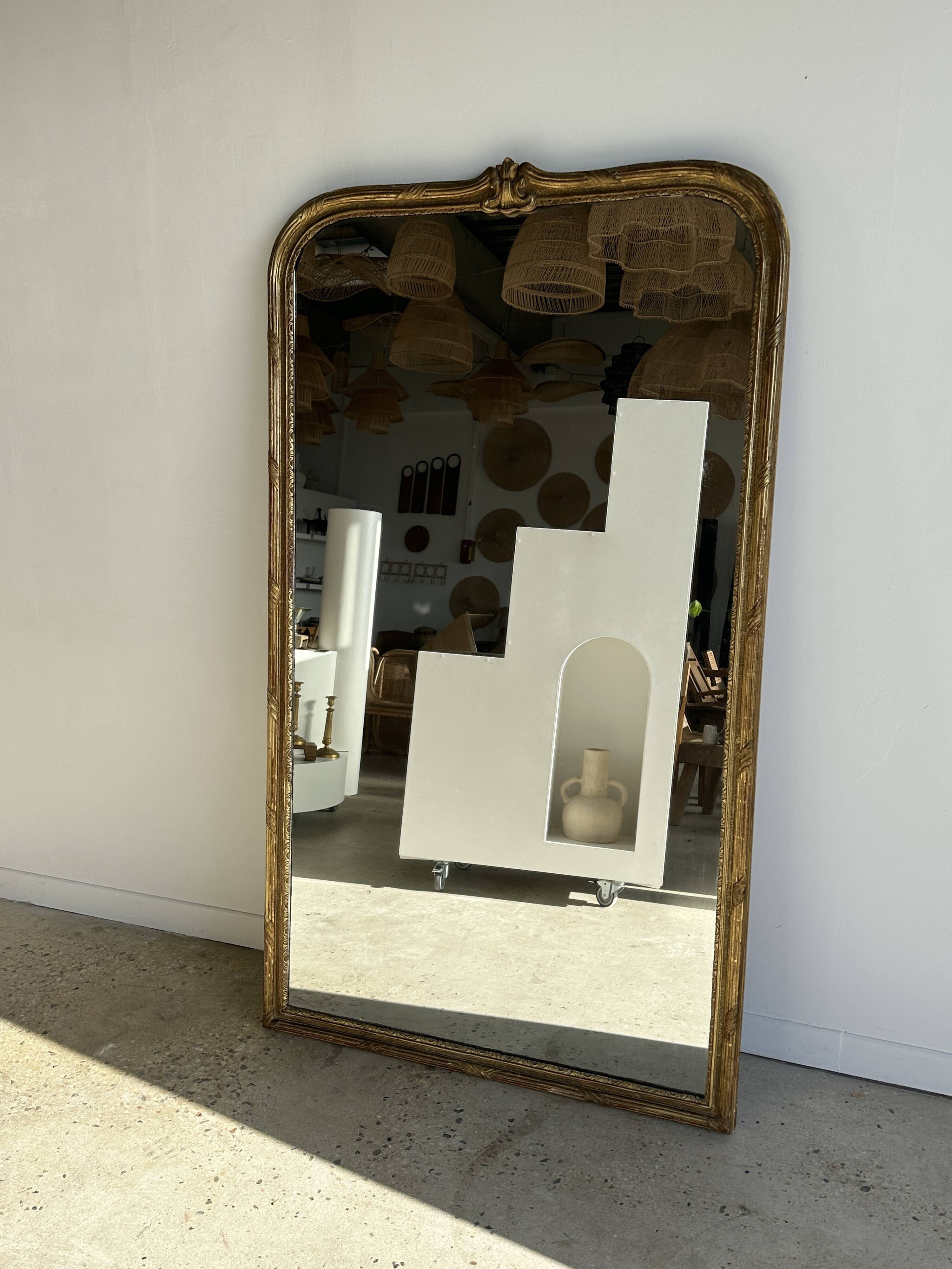 Large gilded mirror 19th century rounded corners mercury glass Louis XVI style