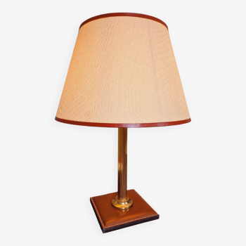 Lampe de bureau vintage en cuir marron et laiton, années 1960-70