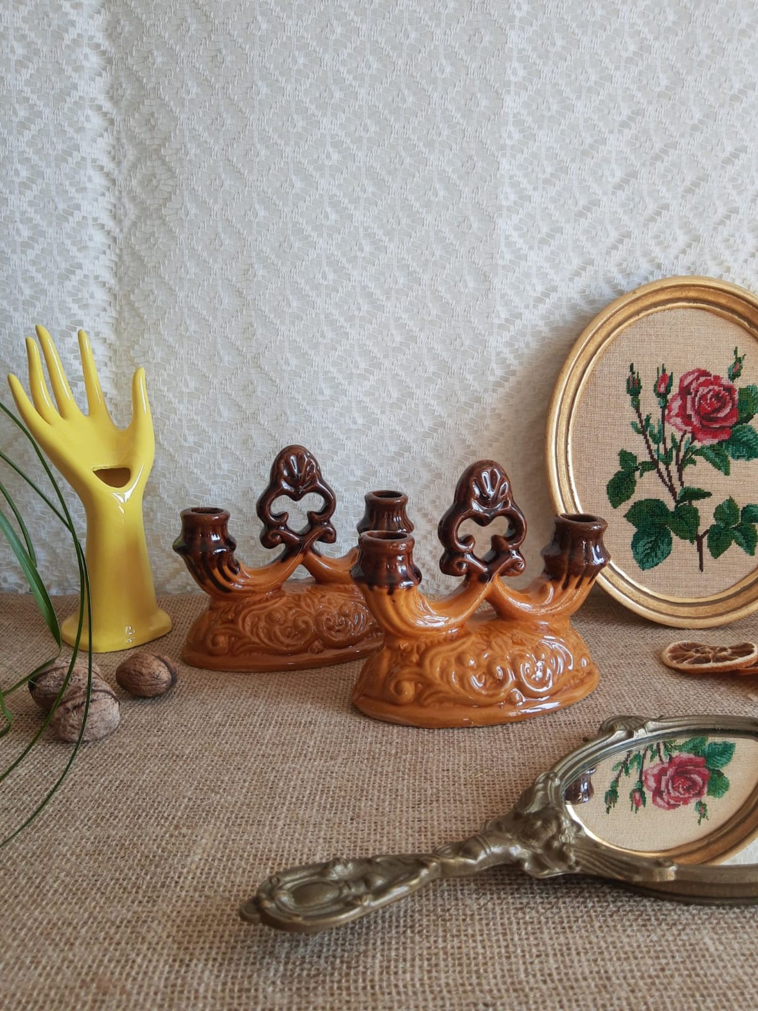 Paire de bougeoirs double barbotine - vintage