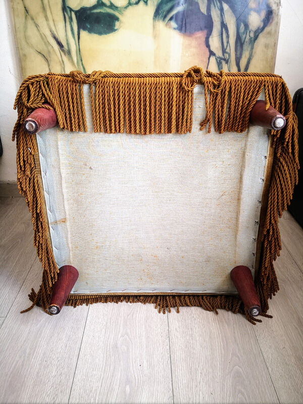 Olive green fringed velvet pouf