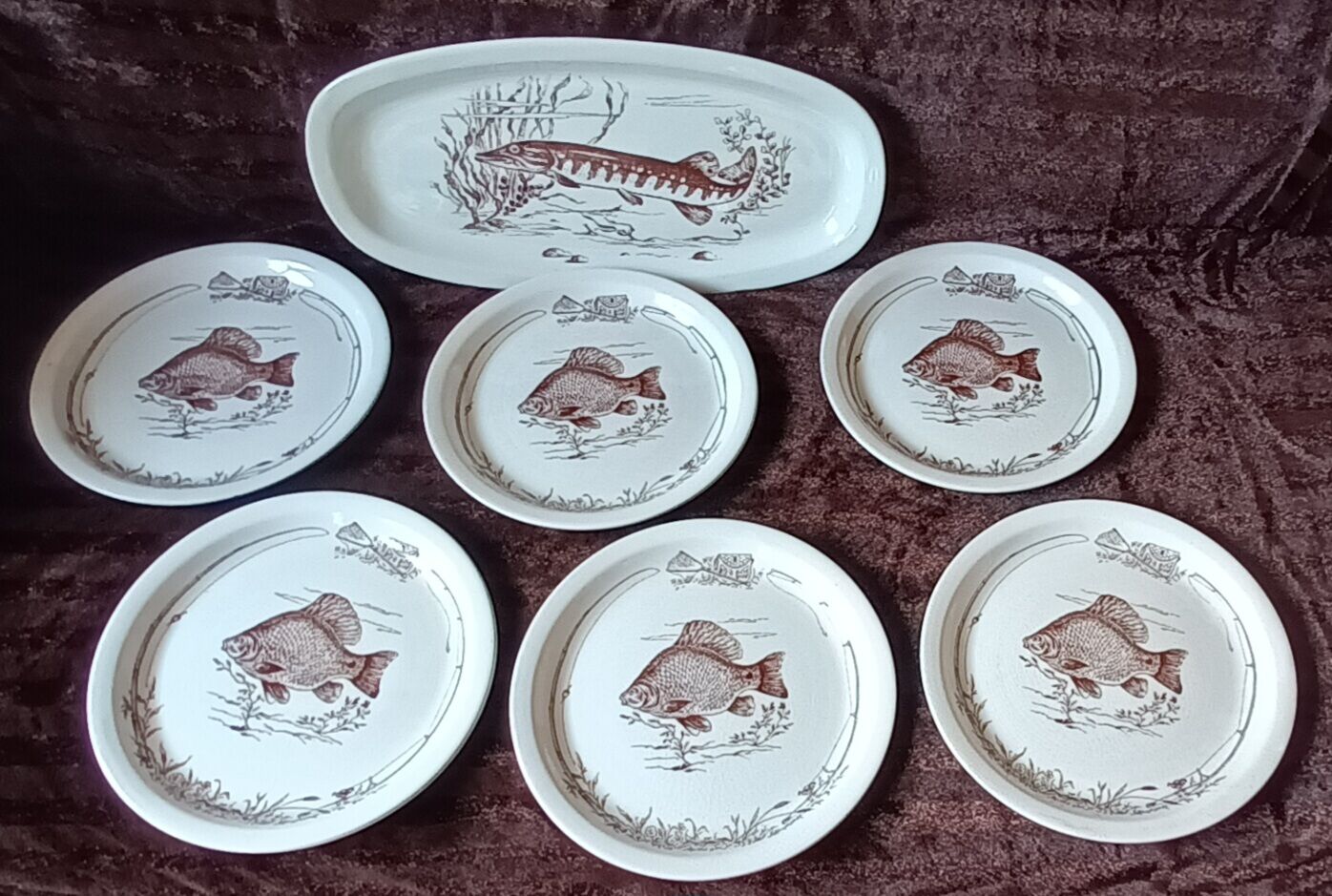 Flat fish service and 6 plates - Gien earthenware