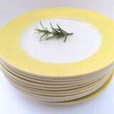 Set de 6 assiettes en faïence années 50 blanc et jaune en relief