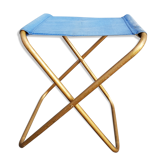 Tabouret pliant vintage 1970 Lafuma bleu roi et or