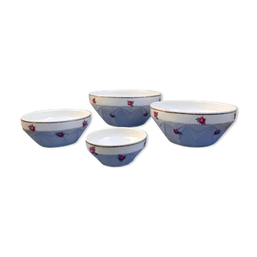 Nested Salad Bowls Porcelain with Facets Decorated with Antique Roses and Gold Trim