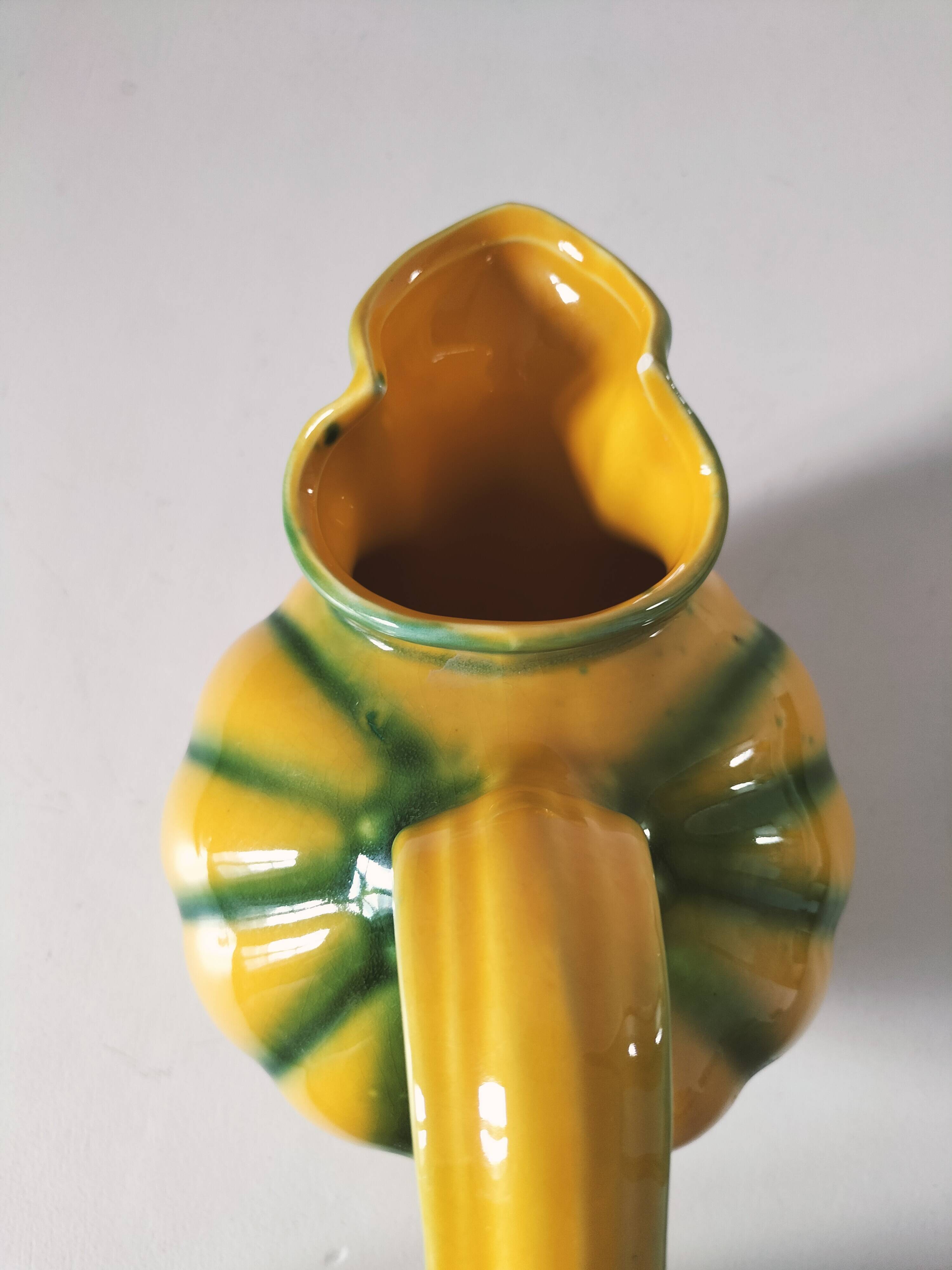 Vintage yellow and green earthenware melon-shaped pitcher – 1950s