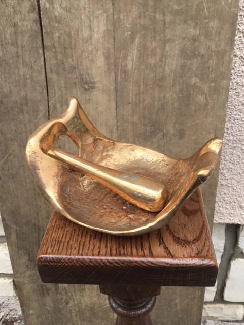 Cendrier bois et bronze vintage, cendrier sur pied, cendrier bronze doré