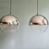 Pair of large Space Age pendant lights in clear glass and chrome, 1970s