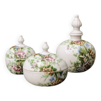 Set of 3 floral porcelain sweet jars from Paris.