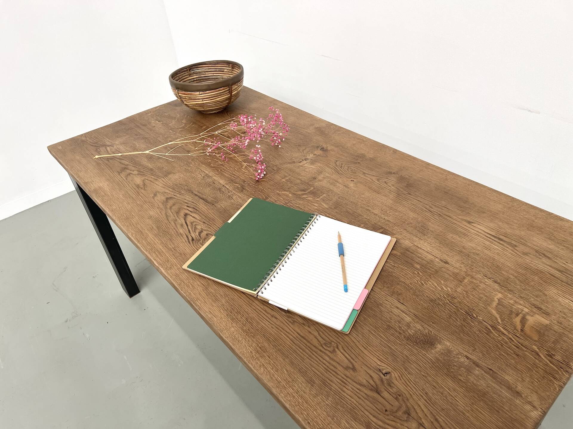 Solid oak dining table from the 70s with metal legs