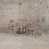 Set of 3 rustic wooden and woven straw chairs