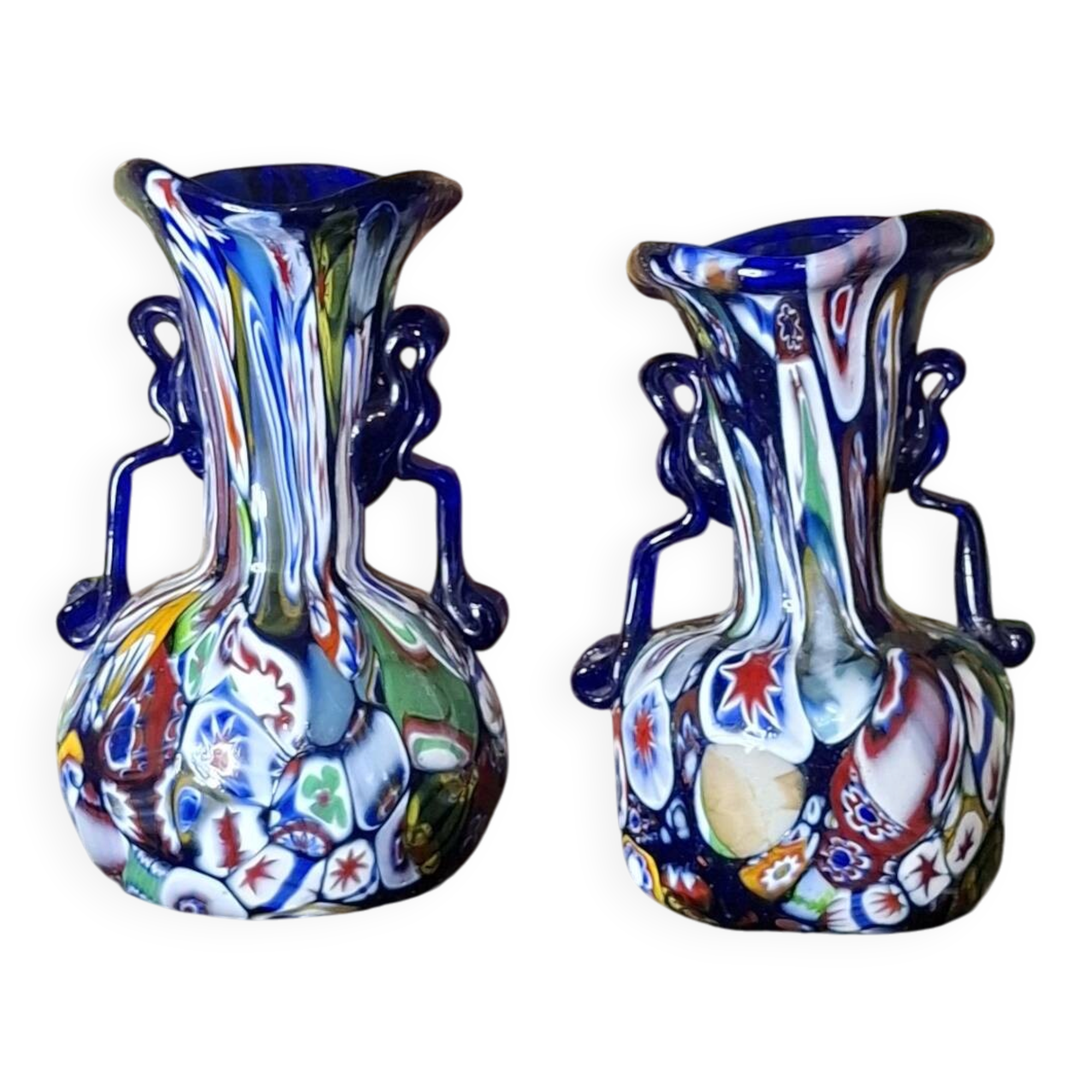 Pair of antique millefiori glass vases attributed to Murano with 2 handles.