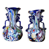 Pair of antique millefiori glass vases attributed to Murano with 2 handles.