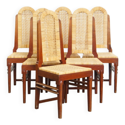 Ensemble vintage de six chaises de salle à manger au design Art Déco en rotin et en bois.