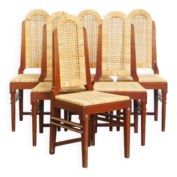Ensemble vintage de six chaises de salle à manger au design Art Déco en rotin et en bois.