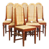 Ensemble vintage de six chaises de salle à manger au design Art Déco en rotin et en bois.