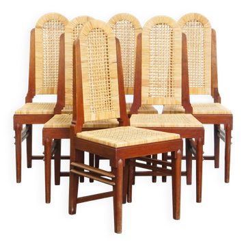 Vintage set of six Art Deco design dining chairs made of cane and wood