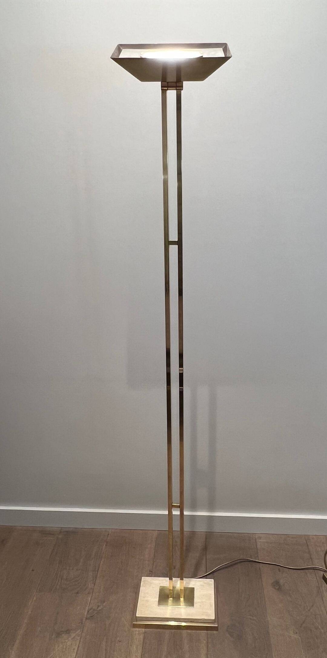 Brass Floor Lamp with Adjustable Reflector on a Timber Base
