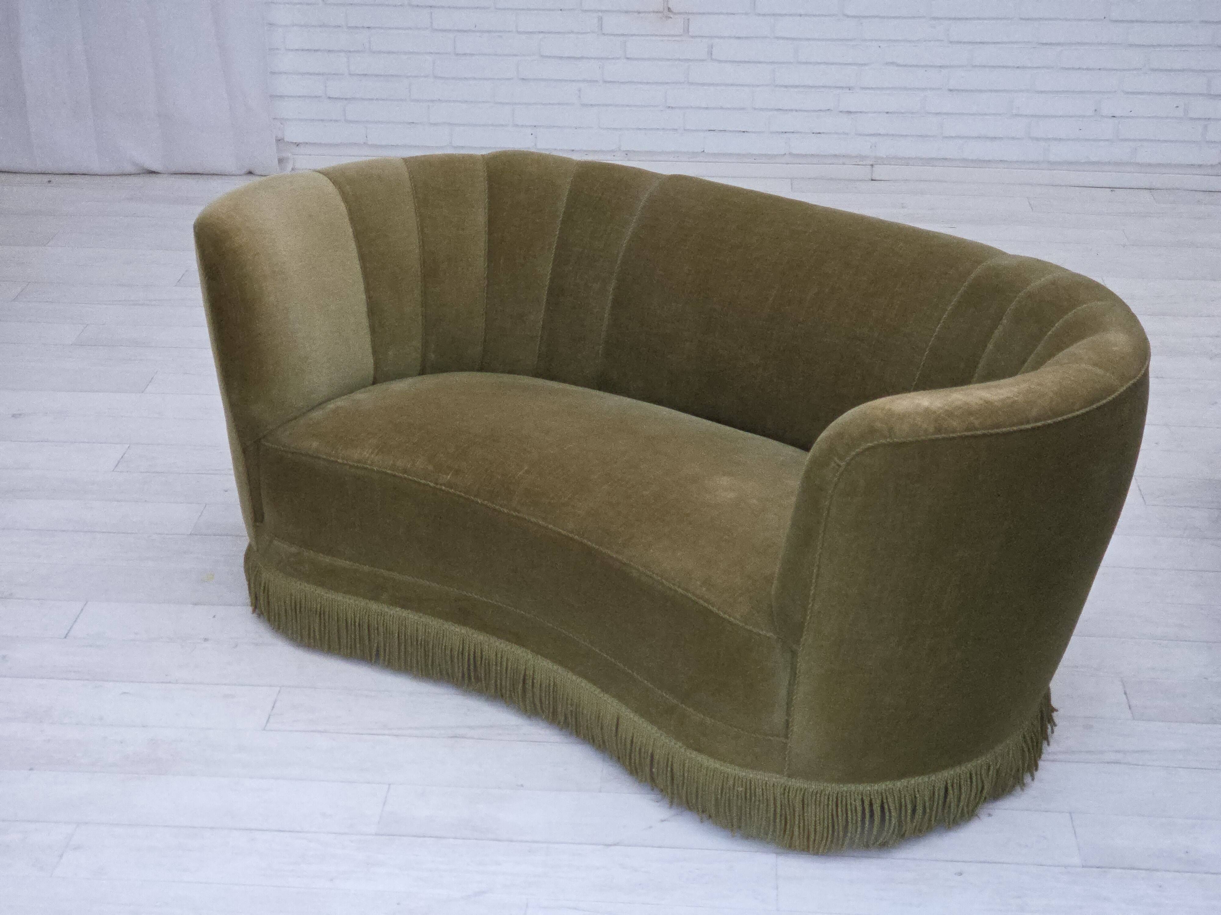 1960s, Danish 2-seater "Banana" sofa, original green furniture velour.