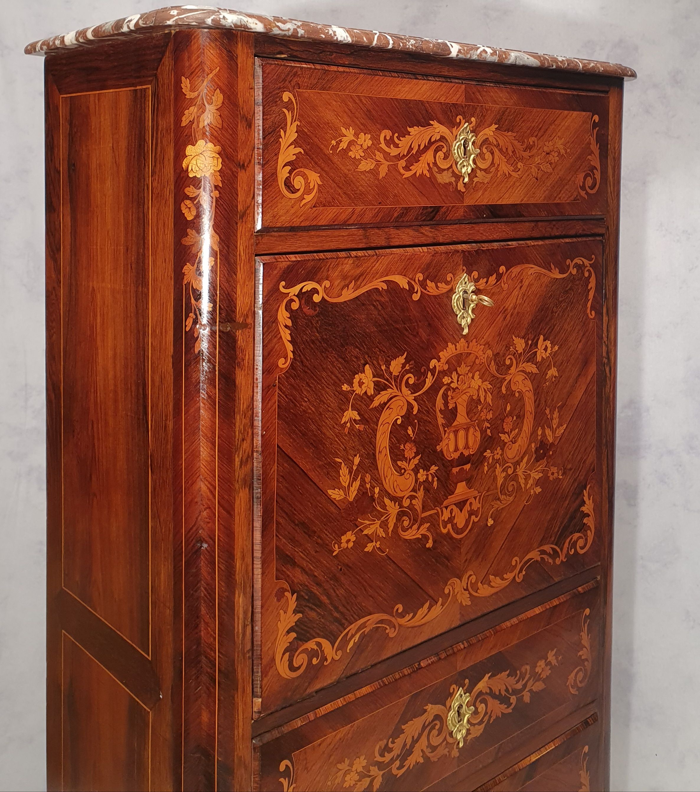 Secretary-Right Period Napoleon III - Rich Floral Marquetry - 19th - Palissandre