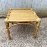 Rattan end table with 1 shelf in vintage oak veneer from the 80s Maugrion