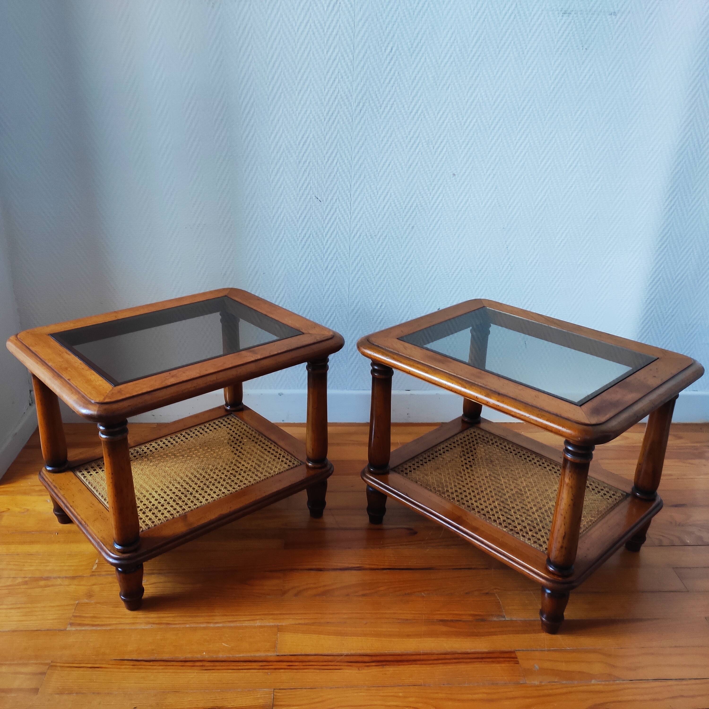Pair of wooden and cane sofa ends