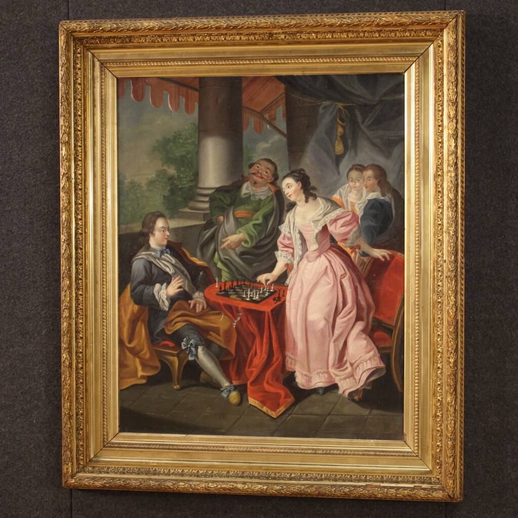 French painting from the 18th century, couple playing chess