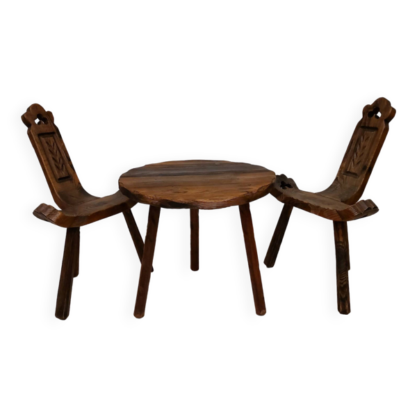 Ensemble à café table basse et chaises basses tripodes - Design brutaliste espagnol - Années 50