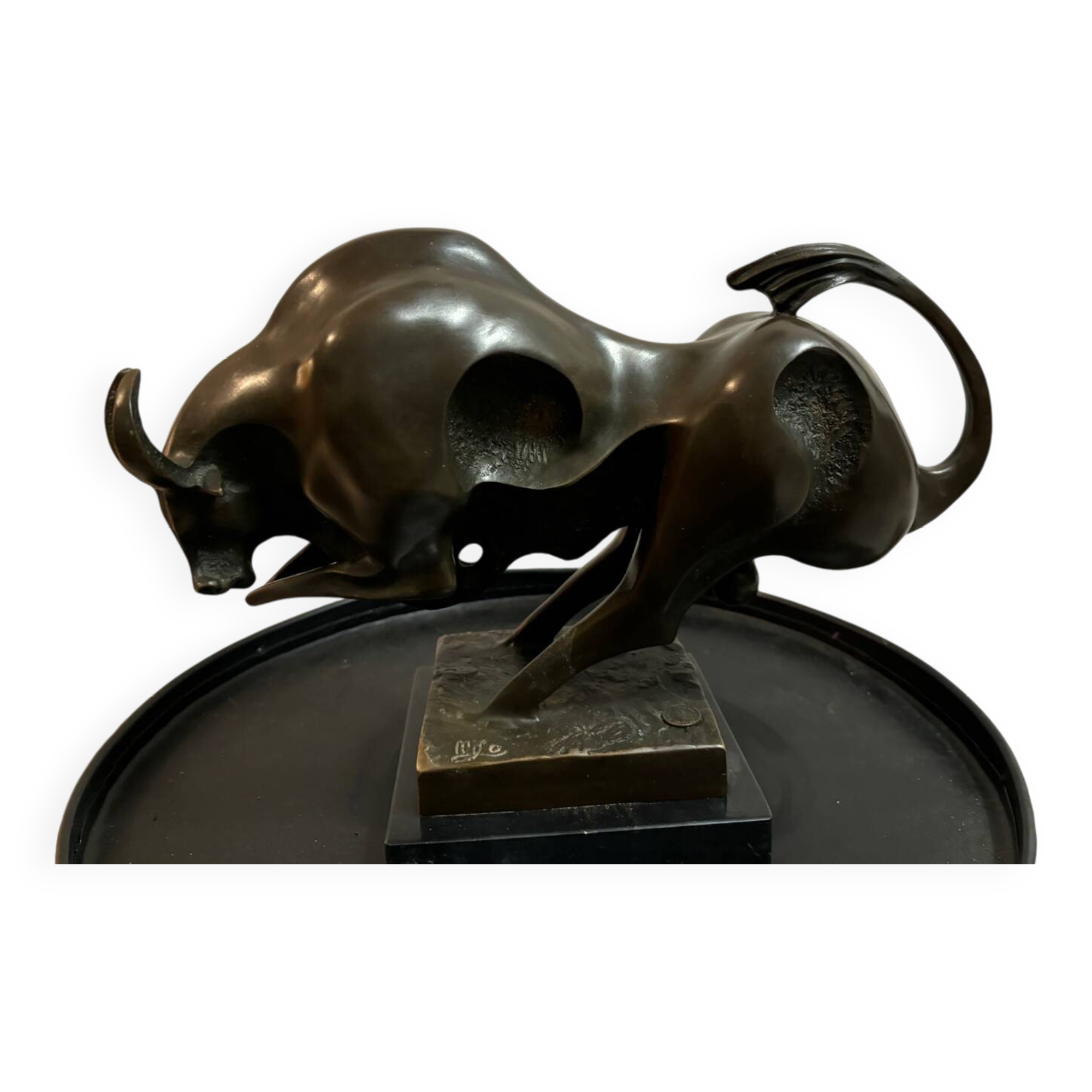 Bronze bull on marble base signed Milo