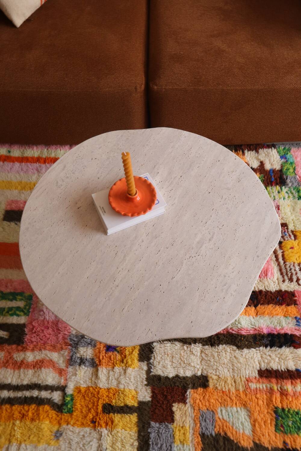 Organic shape travertine coffee table