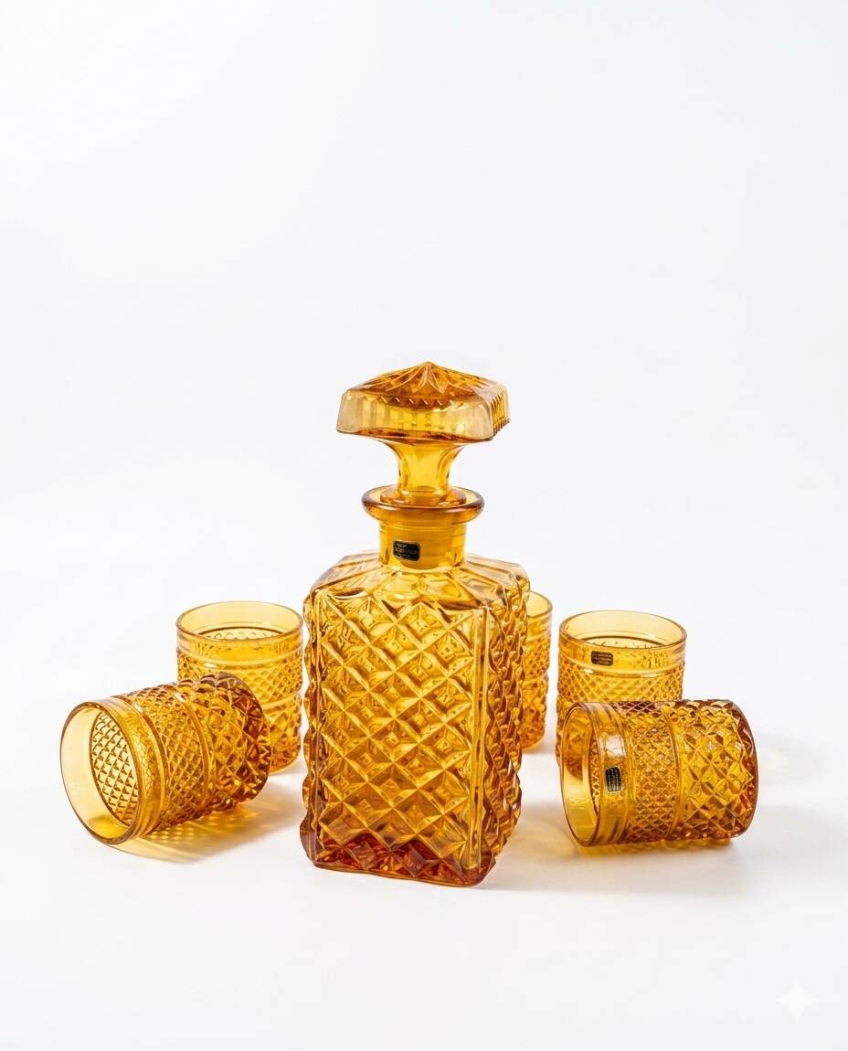 Vintage Italian liqueur service in amber glass – "Pointe de" work