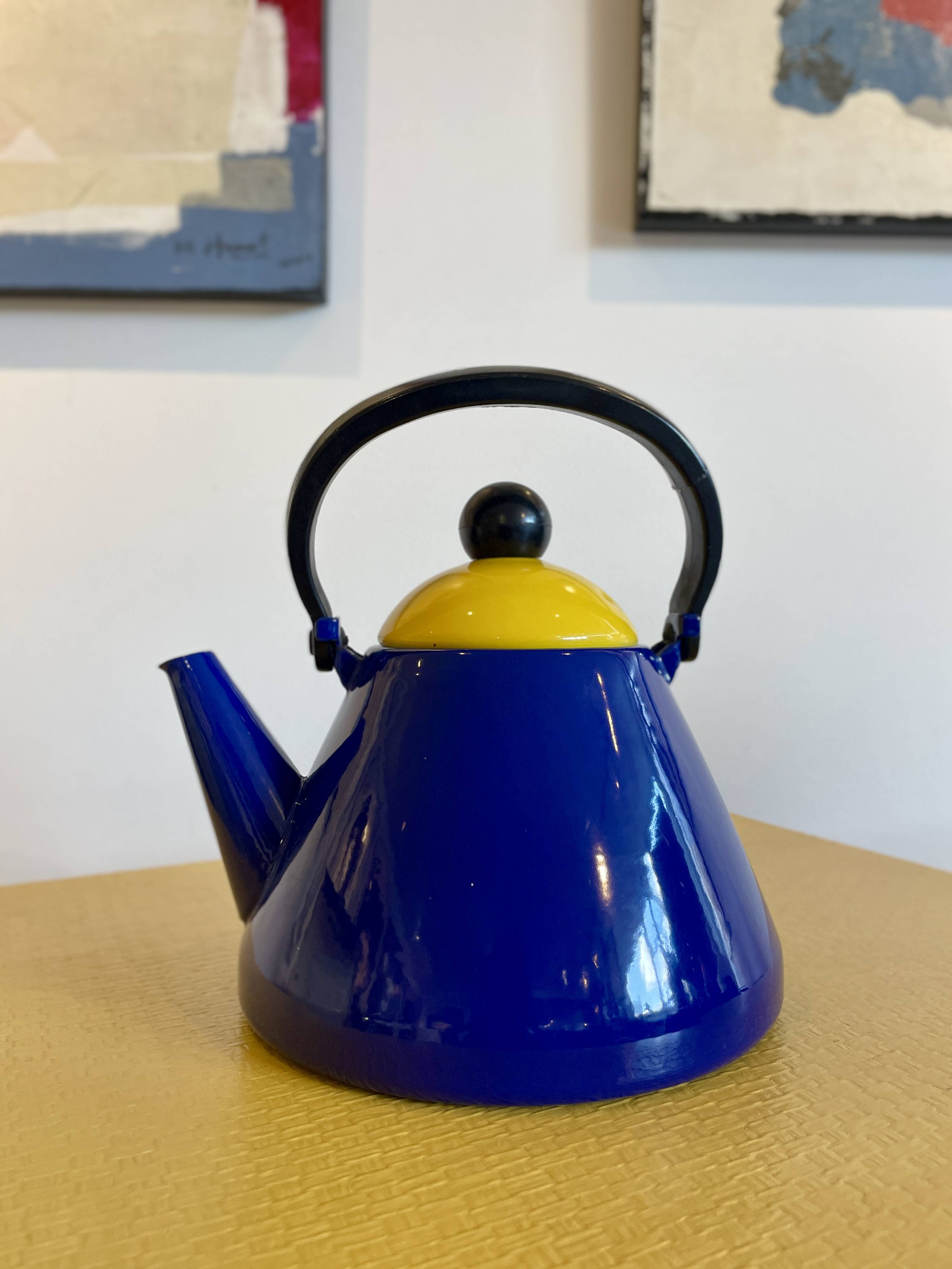 Yellow and blue enamel kettle