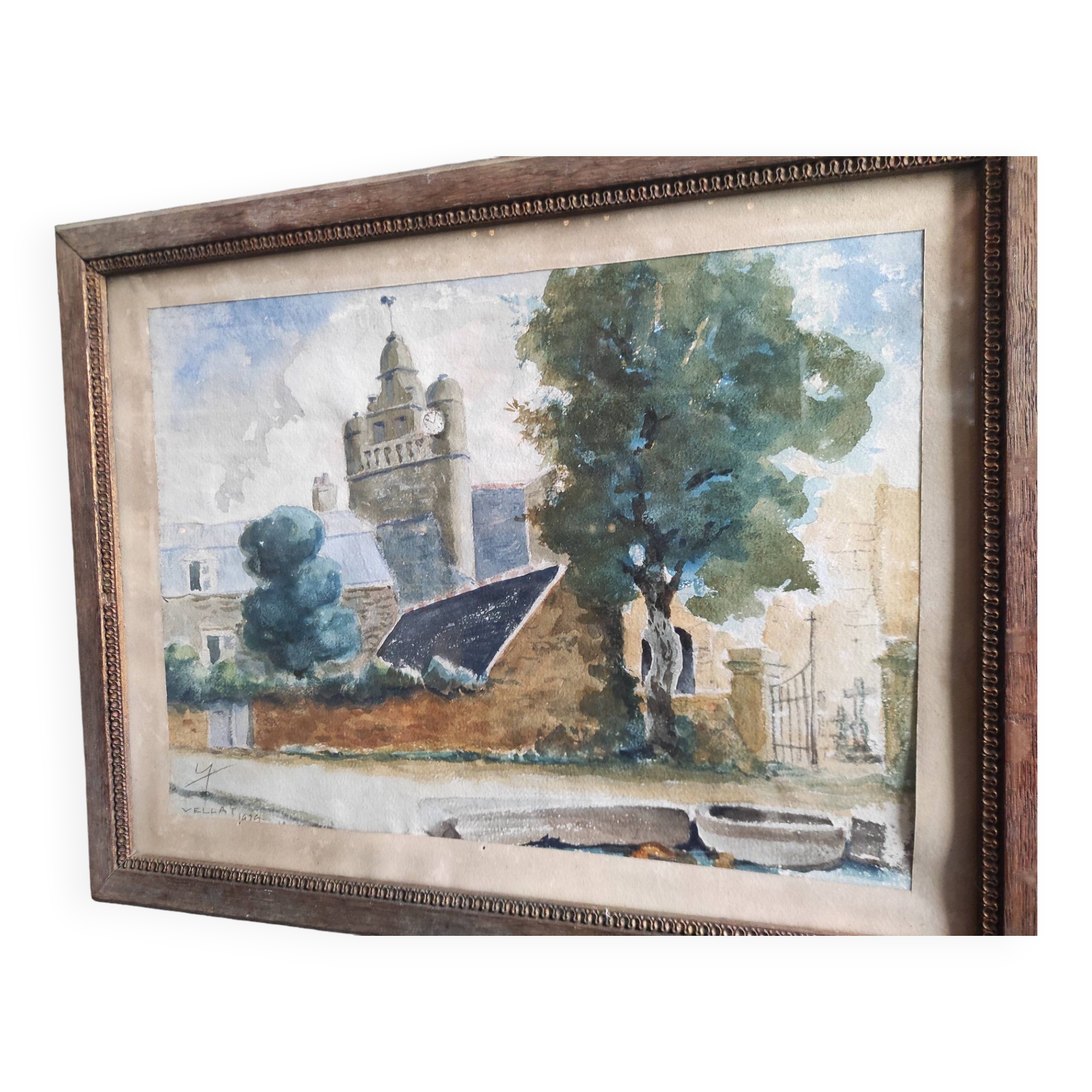 Vintage French watercolour of a village with a church, signed Vellat, from 1929  View on Etsy Copy