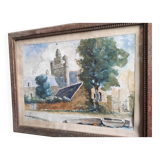 Aquarelle française d'un village avec une église, signée Vellat, 1929