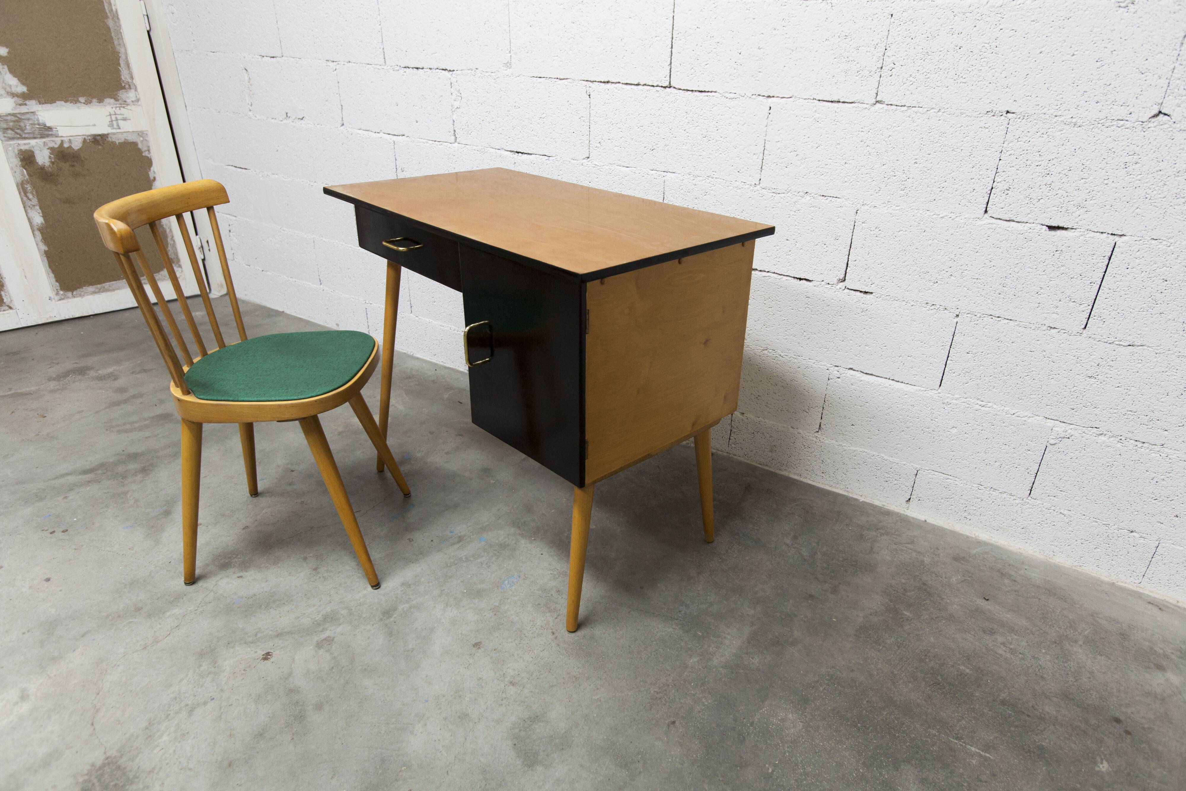 Baumann desk and its matching chair 1960 formica wood and black with green seat