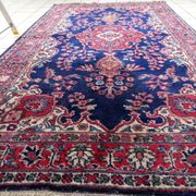 Tapis Kerman antique en laine bleue et rouge
